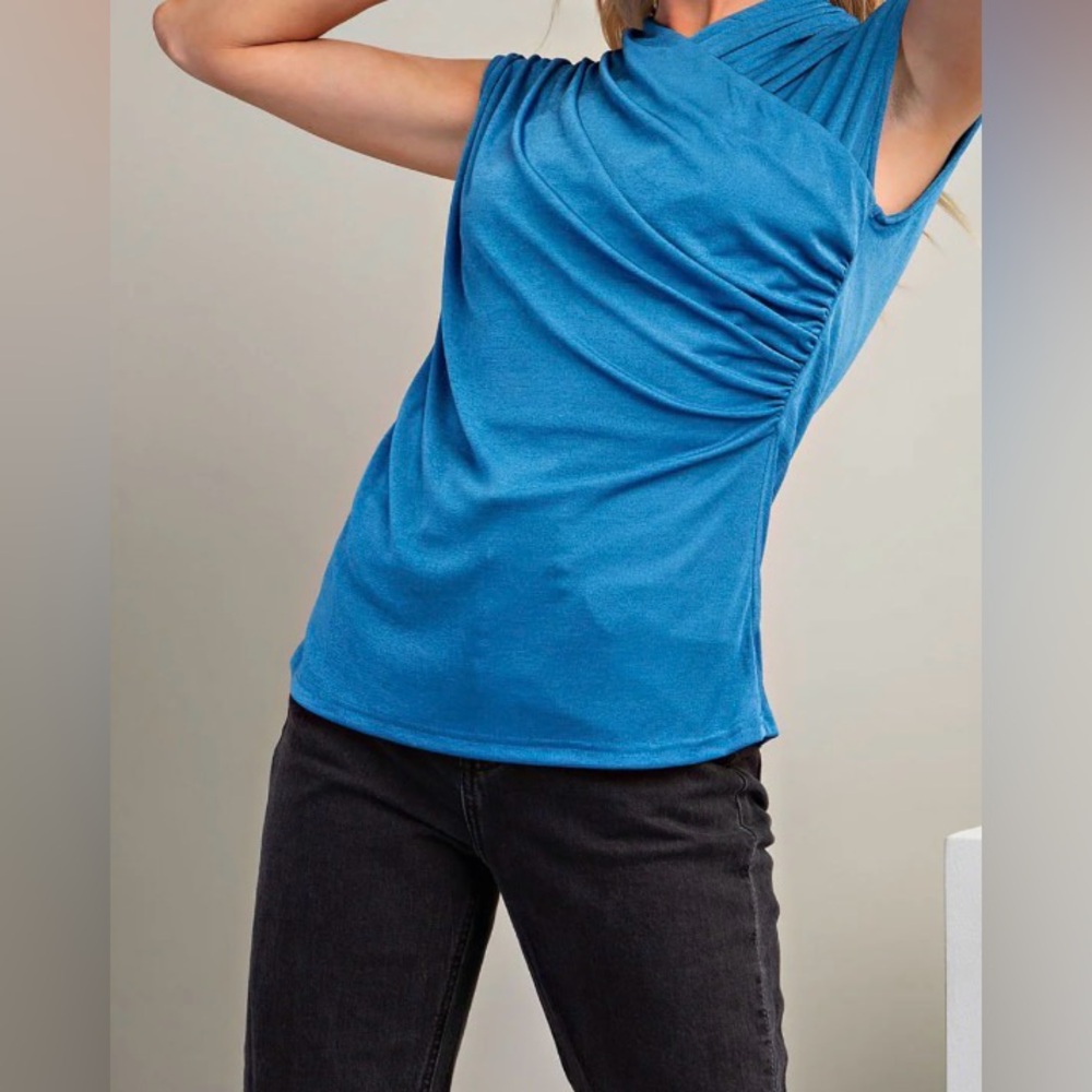 Draped V-Neck Women's Blouse in Deep Teal Blue